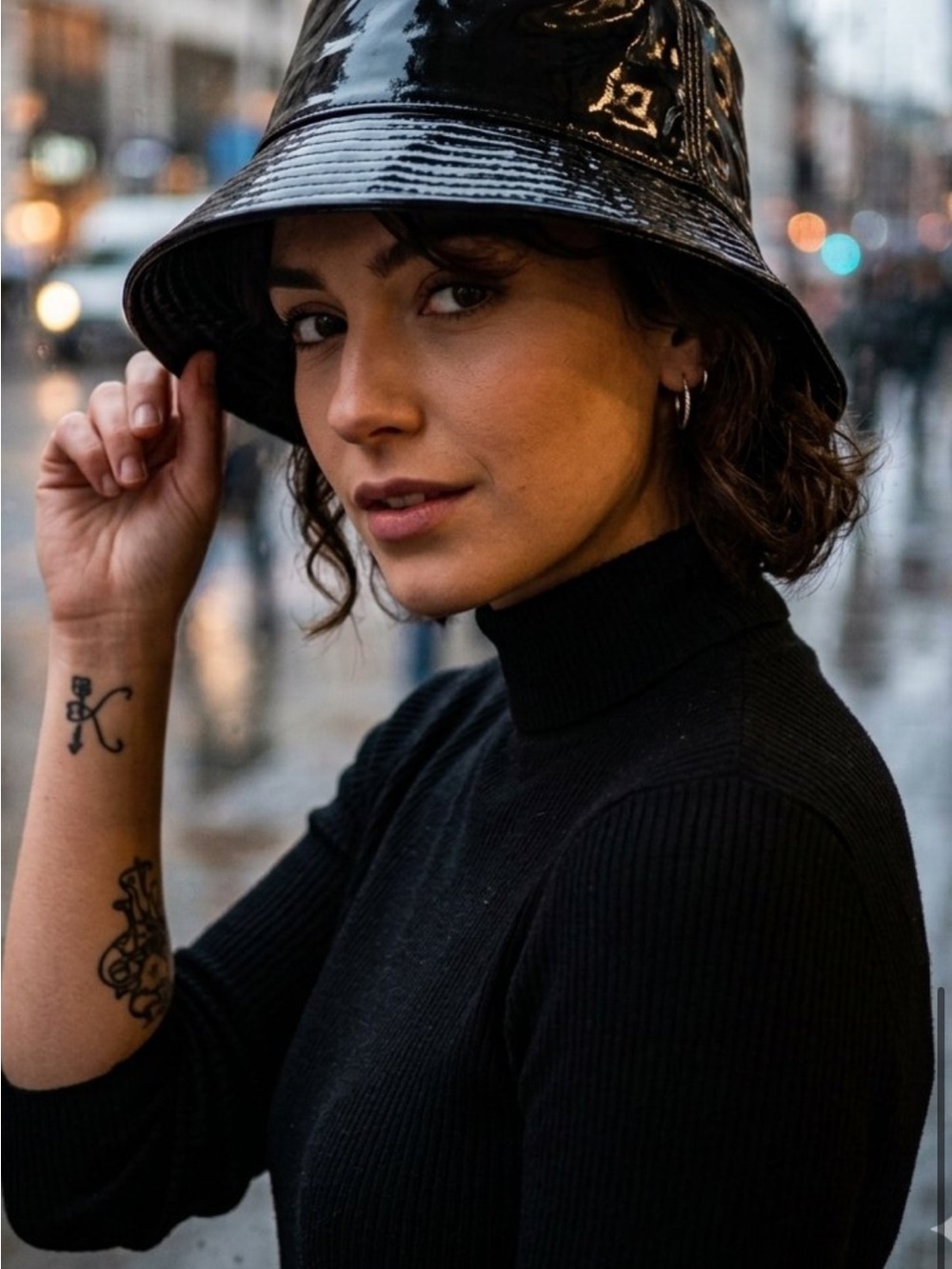 Women’s Black Patent Bucket Hat - Stylish Water-Resistant Accessory